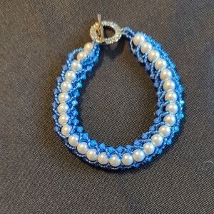Elegant Blue and White Beaded Bracelet